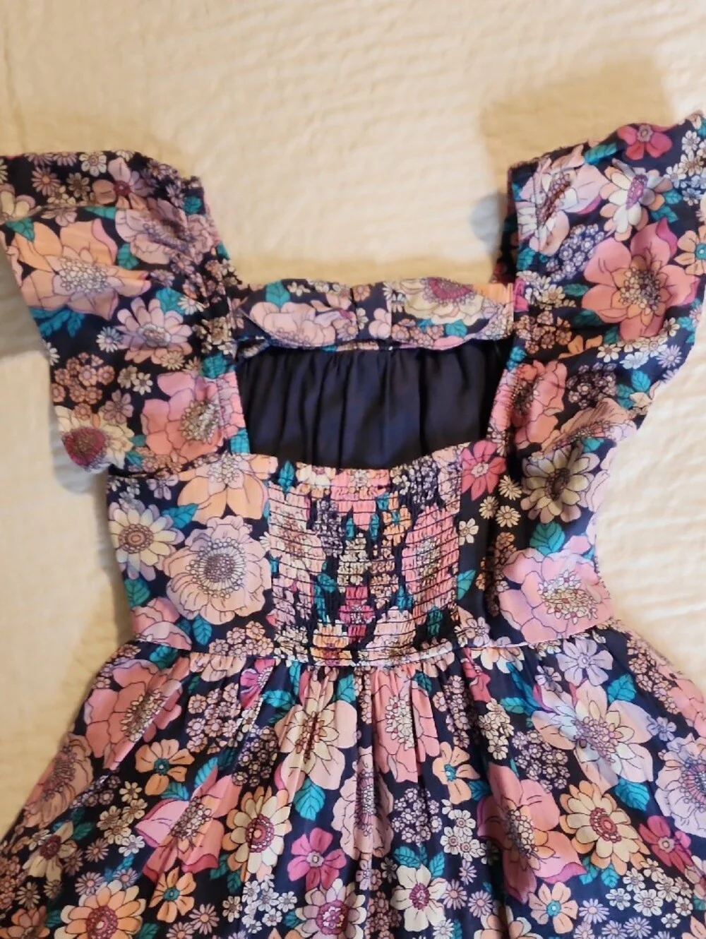 Girls Floral Ruffle-Sleeve Dress - Navy, Pink & Teal